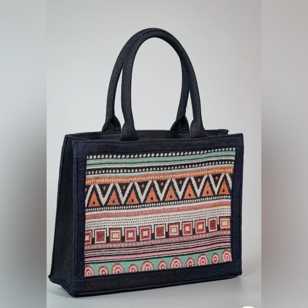 Denim Tribal Print Multicolor Shopper Tote Book bag
